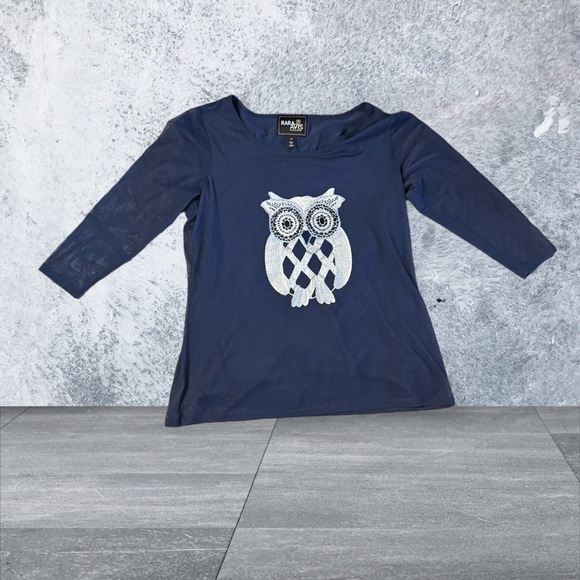 Rara Avis by Iris Apfel Deep Navy Owl Print Top Blouse XS Trendy Minimalist - Picture 13 of 15